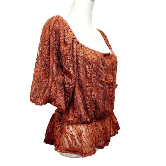 Rust Lace Peplum Blouse With Puff Sleeves & Satin Back-Tie Detail Size L - Picture 12 of 14